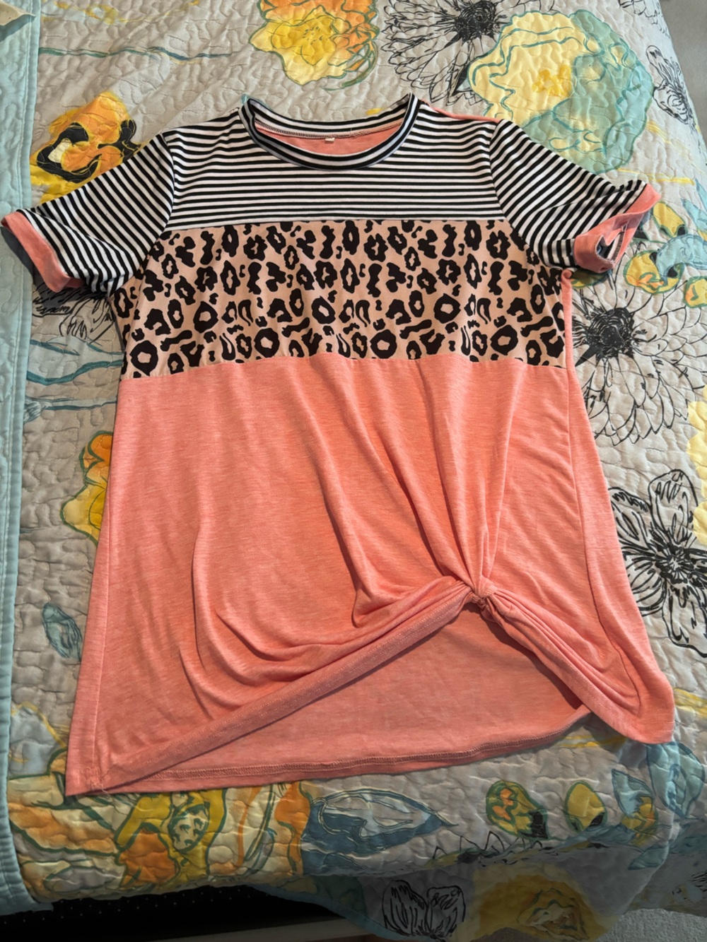 Amazon Pink Stripe & Leopard Colorblock Knot Front Short Sleeve Top